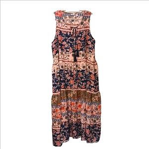 Kaktus Women's Blue & Orange Floral Bohemian Tiered Sleeveless Maxi Dress XXXL